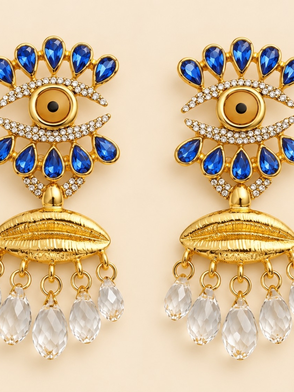 Gold-tone Blue Eye & Lip Statement Earrings